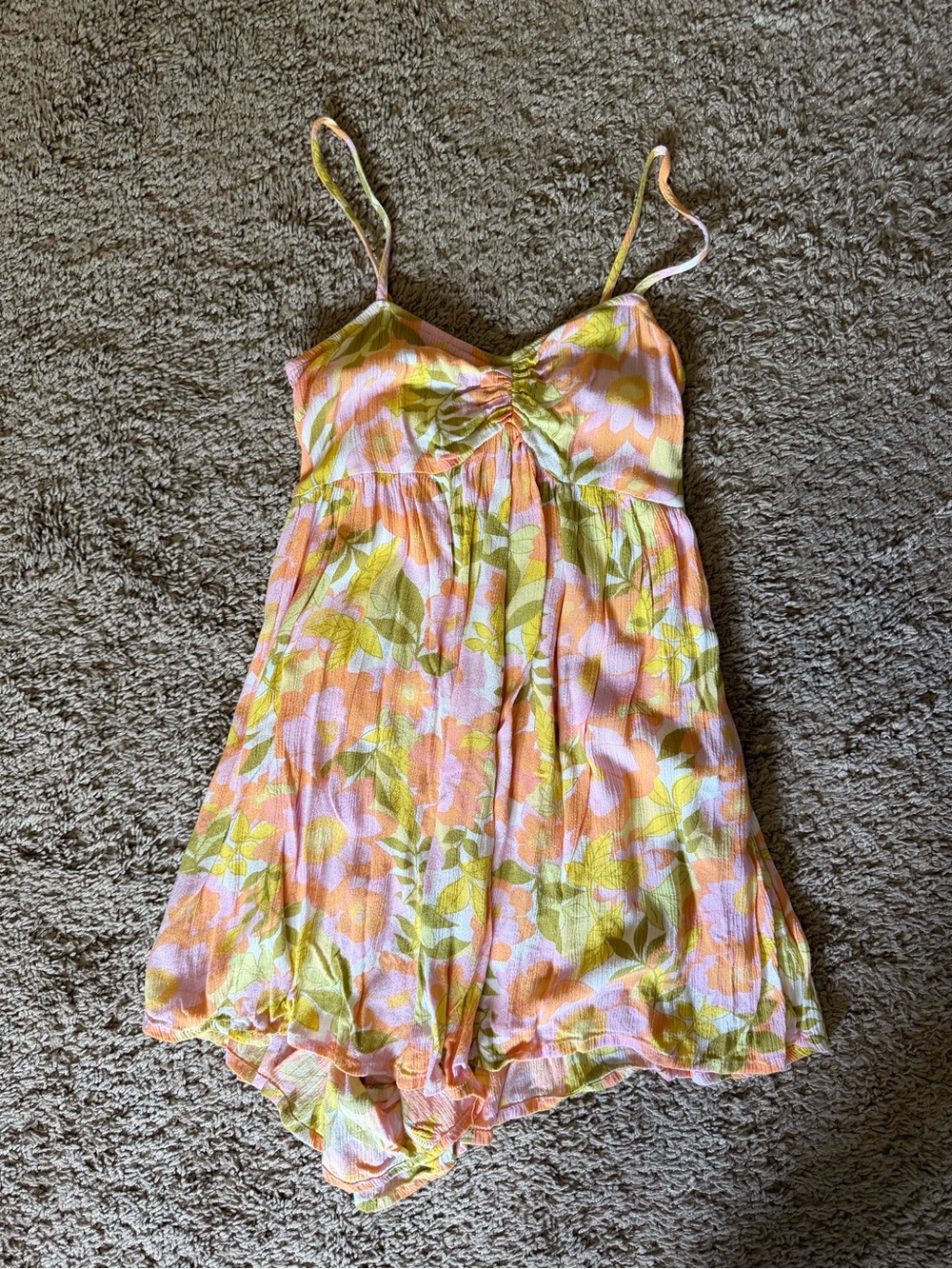 Billabong Peach-Pink Floral Romper with Green Leaf Print